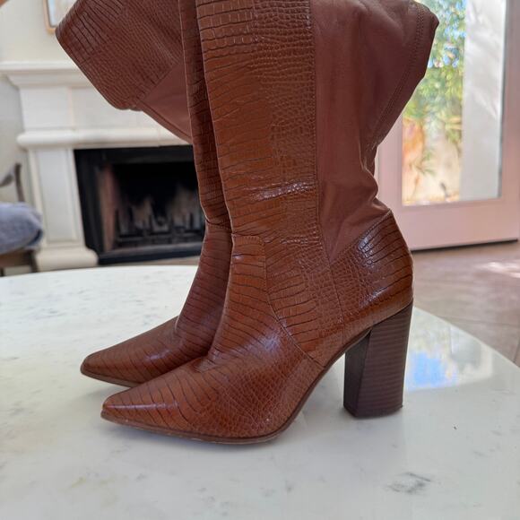 Vince Camuto $230 Demerri Over the Knee Crocodile Brown Leather Boots - Picture 4 of 9